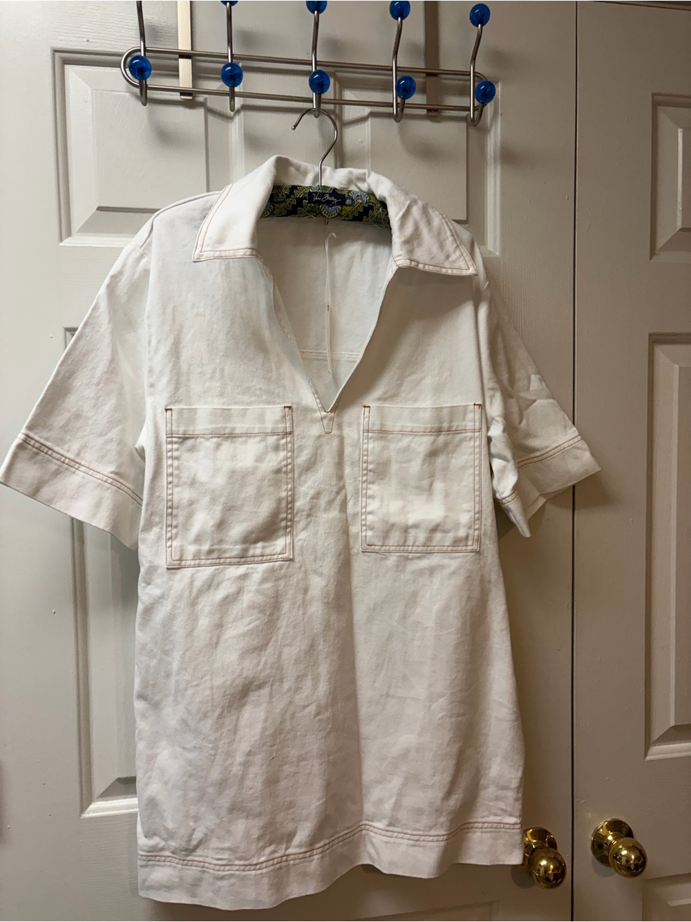 Olivaceous White Short-Sleeve Casual Button-Down dress with Patch Pockets